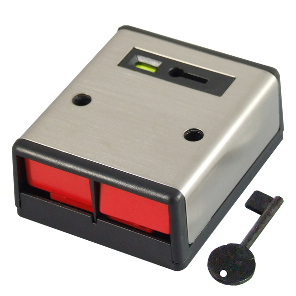 Dual-slot USB memory card reader with a metal top, red card slots, and an eject/key tool beside it (for reading two cards)