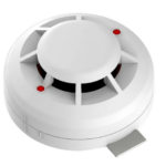 Circular white smoke detector with a raised center dome and two red indicator lights.