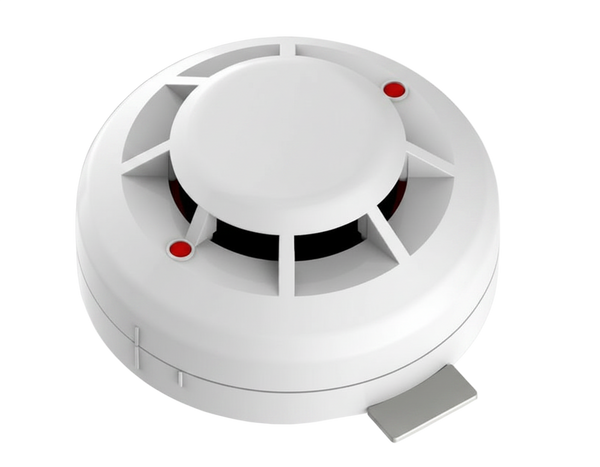 Circular white smoke detector with a raised center dome and two red indicator lights.