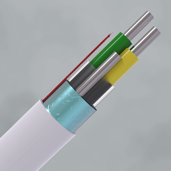 Cross‑section of an electrical cable: white outer jacket, internal metal shield, and several insulated conductors (red, green, yellow, blue)