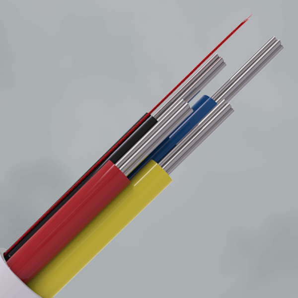 Cross-section of a multi-core electrical cable with red, black, yellow, and blue insulated jackets and exposed metal strands beyond the insulation.
