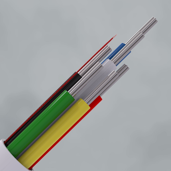 Cross-section of a multi-core electrical cable showing colored insulated conductors (red, black, green, yellow, blue) and metal shielding.