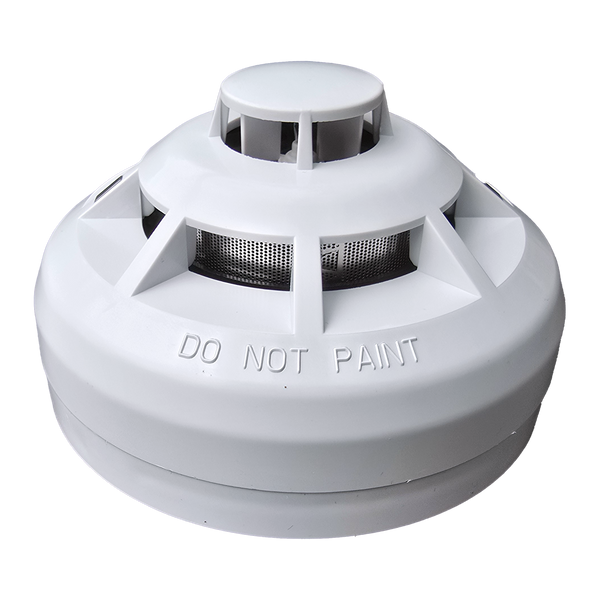 Ceiling-mounted white circular fire alarm detector with vents and embossed 'DO NOT PAINT' text on the housing