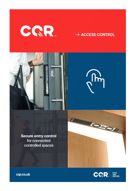 CQR Access Control brochure cover showing a person at a door, a blue panel with a hand icon, and door hardware in a grid, with a bottom blue bar and logo.