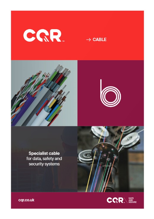 Marketing collage for CCR cables with close-ups of multicolored cables and branding, including the slogan 'Specialist cable for data, safety and security systems'