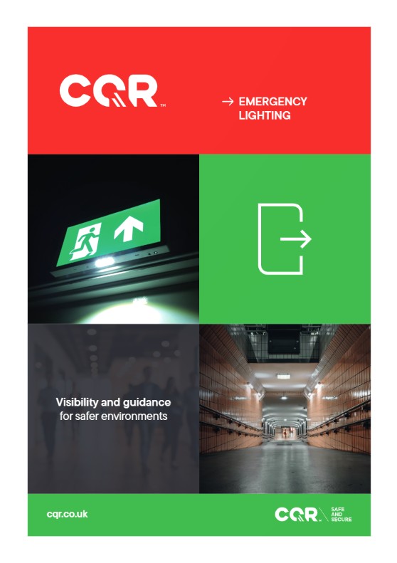 Emergency lighting poster: red header with logo, green exit symbol, and photos of an exit sign and a hallway.
