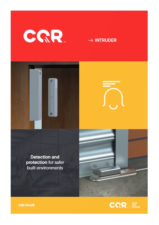 Poster promoting CGR intruder security: door sensor, alarm icon, and secure enclosure with bold branding and the slogan 'Detection and protection for safer built environments.'